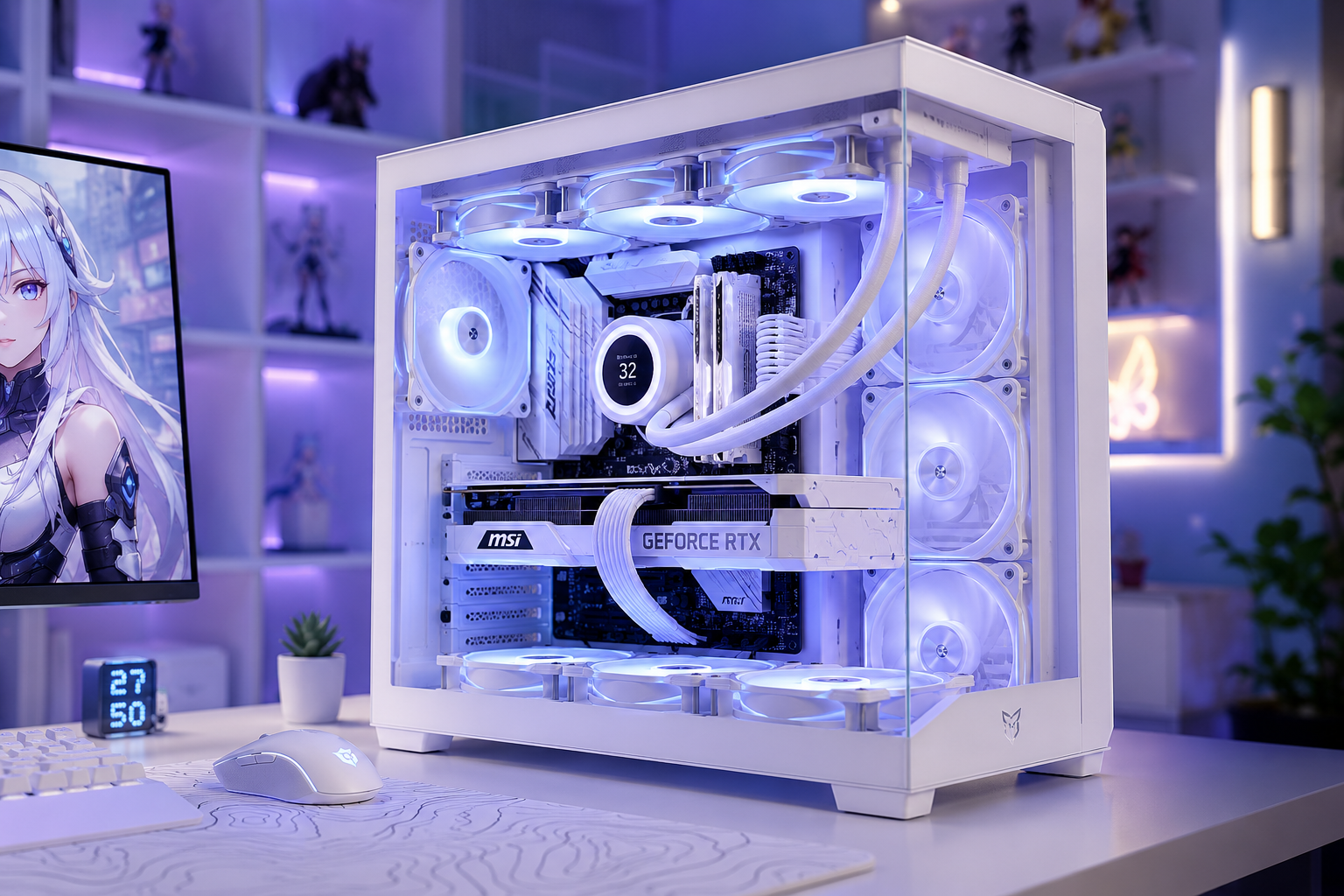 Ordinateur gaming blanc avec éclairage bleu et violet